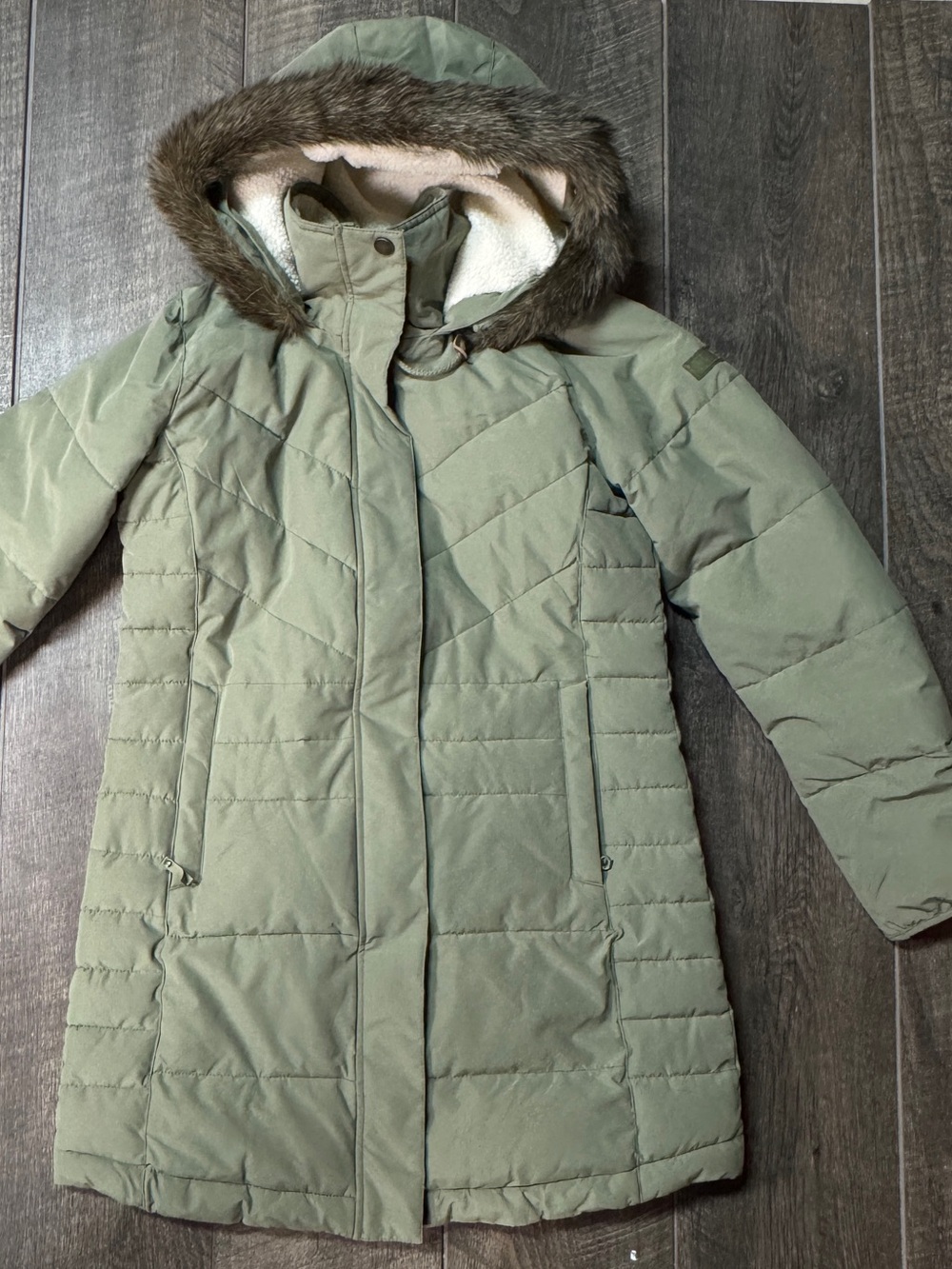 Roxy Ellie Olive Green Longline Hooded Puffer Coat with Faux-Fur Trim medium